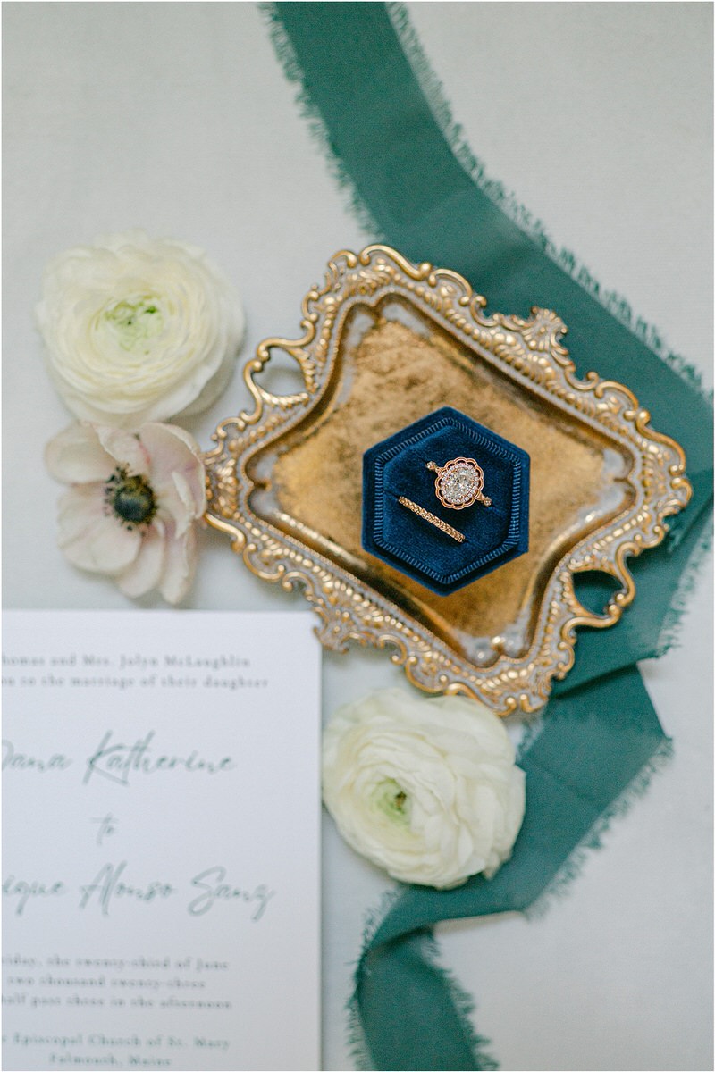 Stunning engagement ring and wedding band for Maine Coastal Wedding