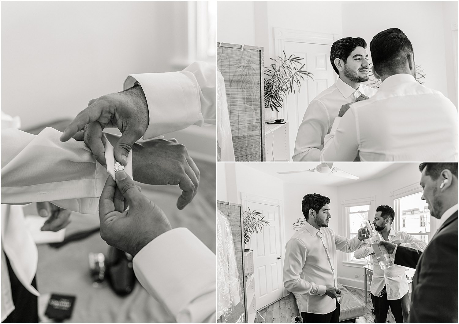 Groom gets ready with close family and friends for Maine Coastal Wedding