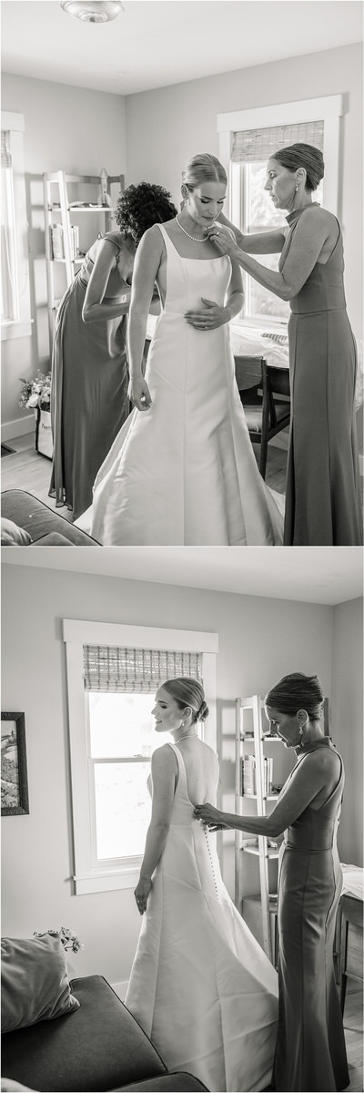 Bride is helped into wedding bridal gown by family and friends for Maine Coastal Wedding
