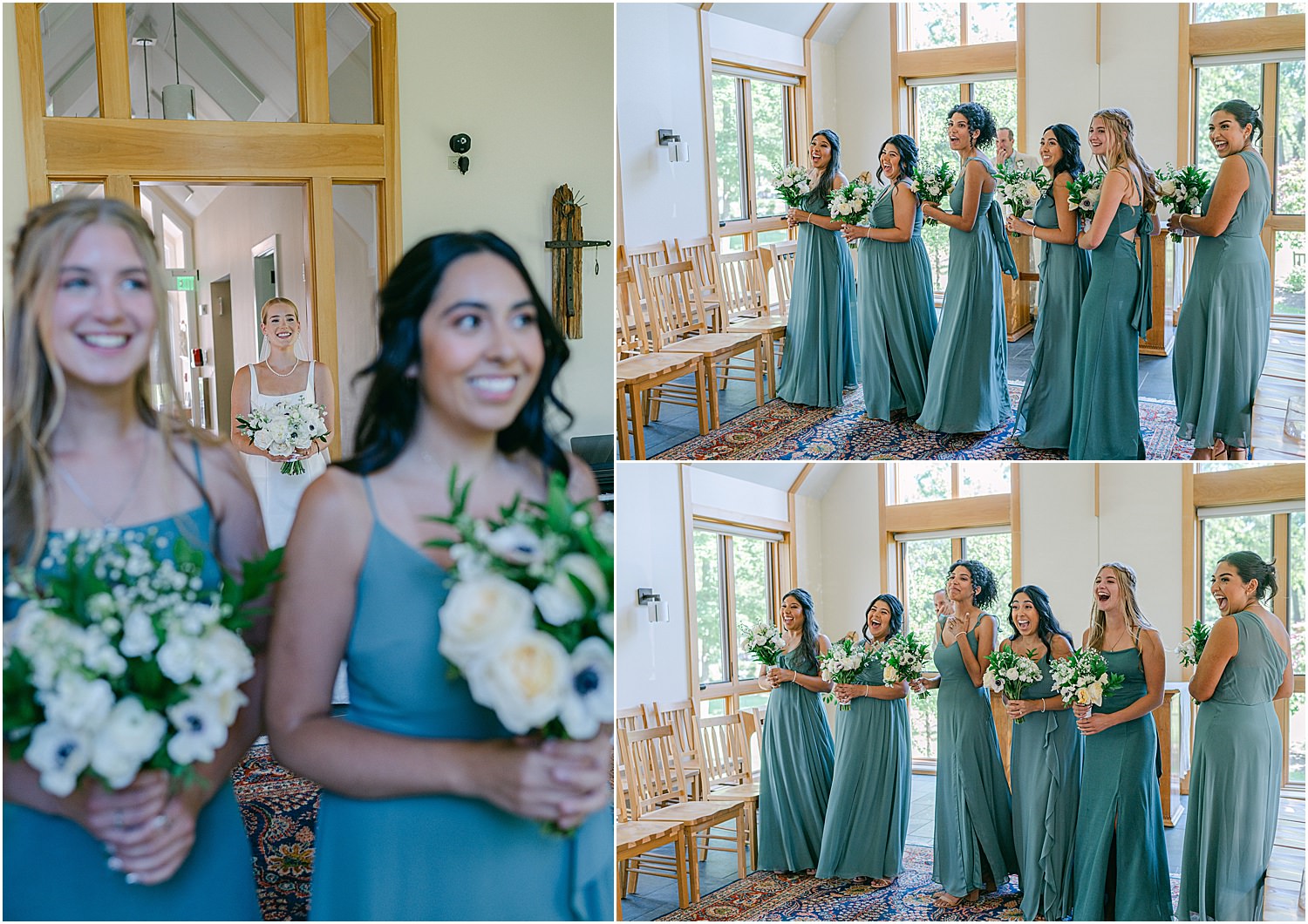 Bridesmaids see bride for the first time for Maine Coastal Wedding