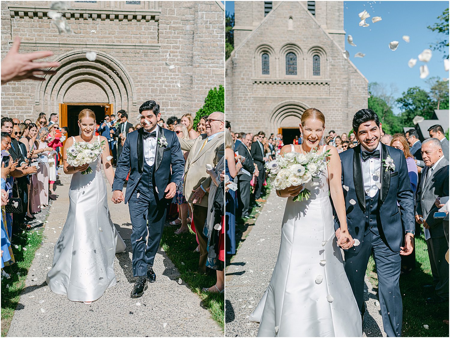 Bride and groom walk outside church and are greeted by close family and friends for Maine Coastal Wedding