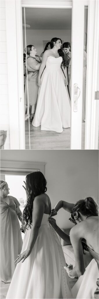 Bride gets in bridal gown for Owls Head, ME Wedding 