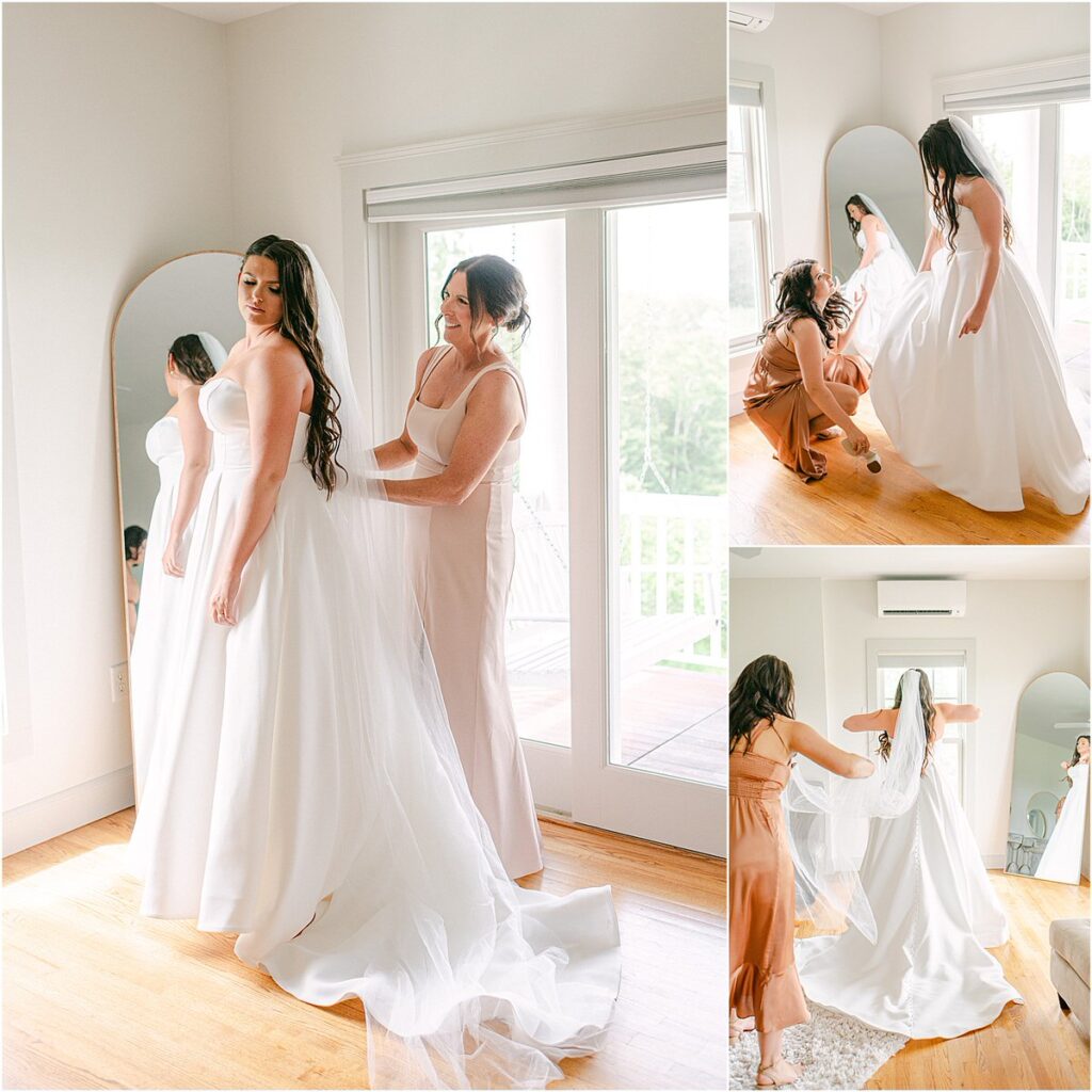 Bride does last minute touch ups for Owls Head, ME Wedding 