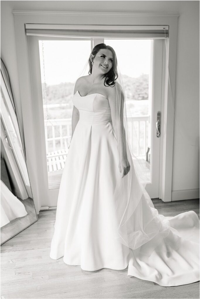 Stunning bridal gown and bride smiles for Owls Head, ME Wedding 
