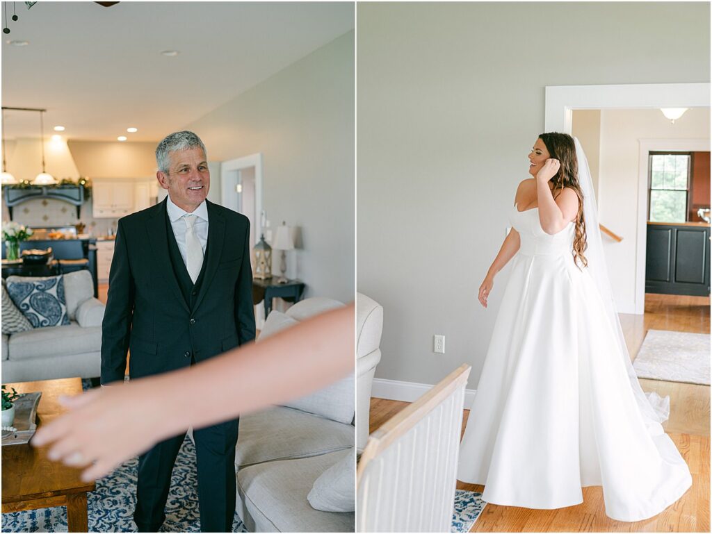 Father and daughter first look before Owls Head, ME Wedding 