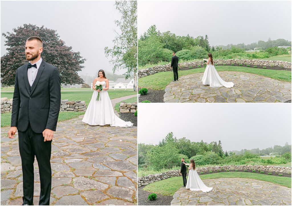Bride and groom do first look for Owls Head, ME Wedding 