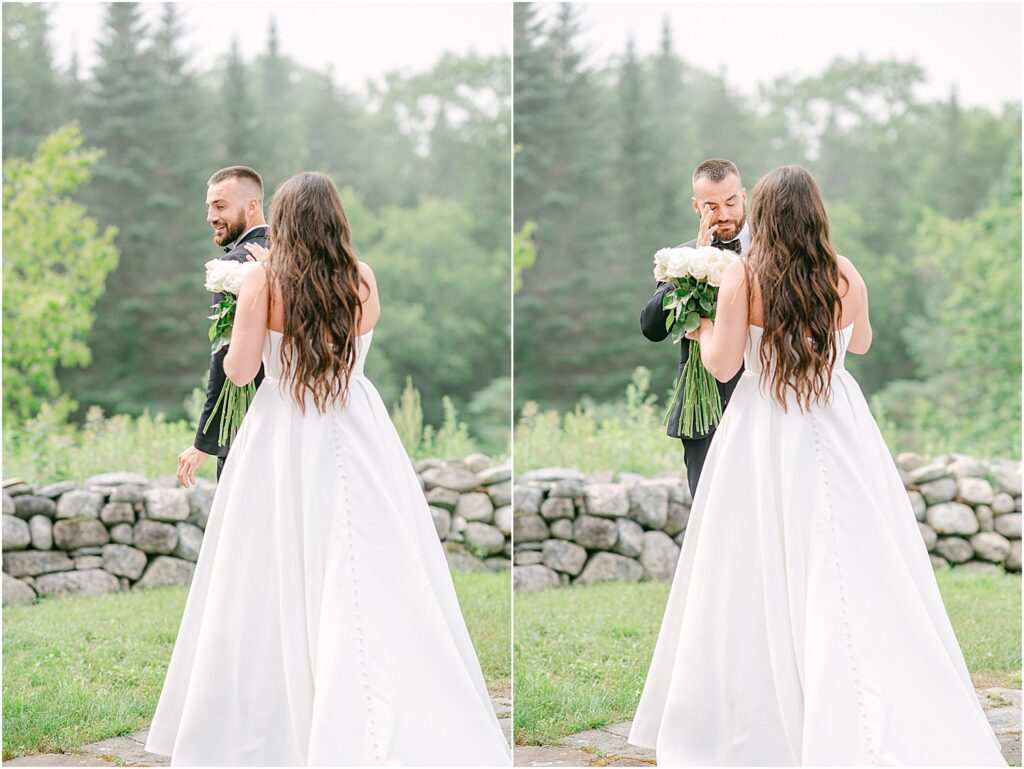 Groom sees bride for the first time for Owls Head, ME Wedding 