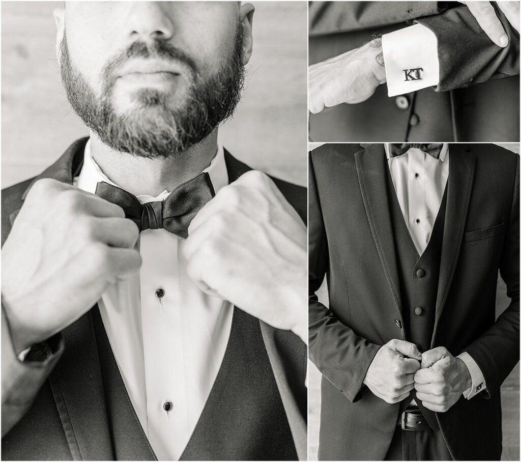 Groom adjusts tied for Owls Head, ME Wedding 