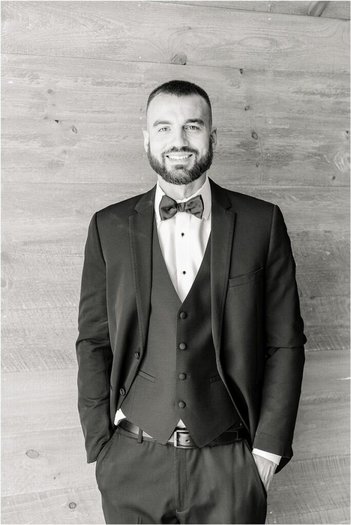 Groom stands ready for Owls Head, ME Wedding 