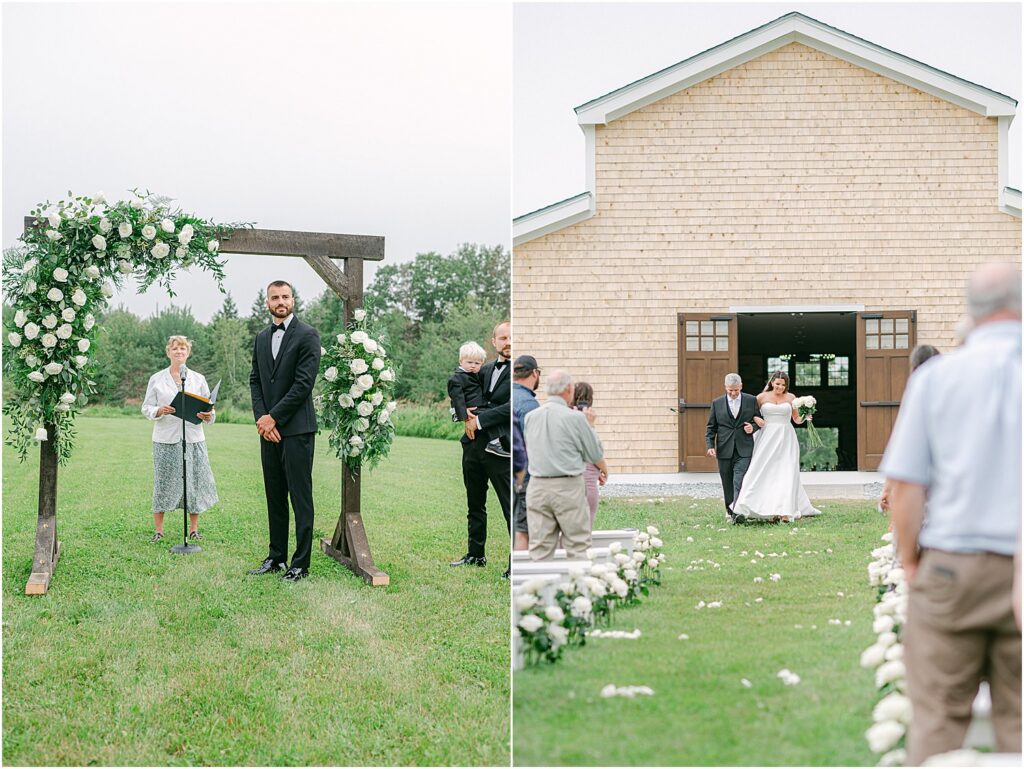 Bride walks down the aisle with groom smiling big for Owls Head, ME Wedding 