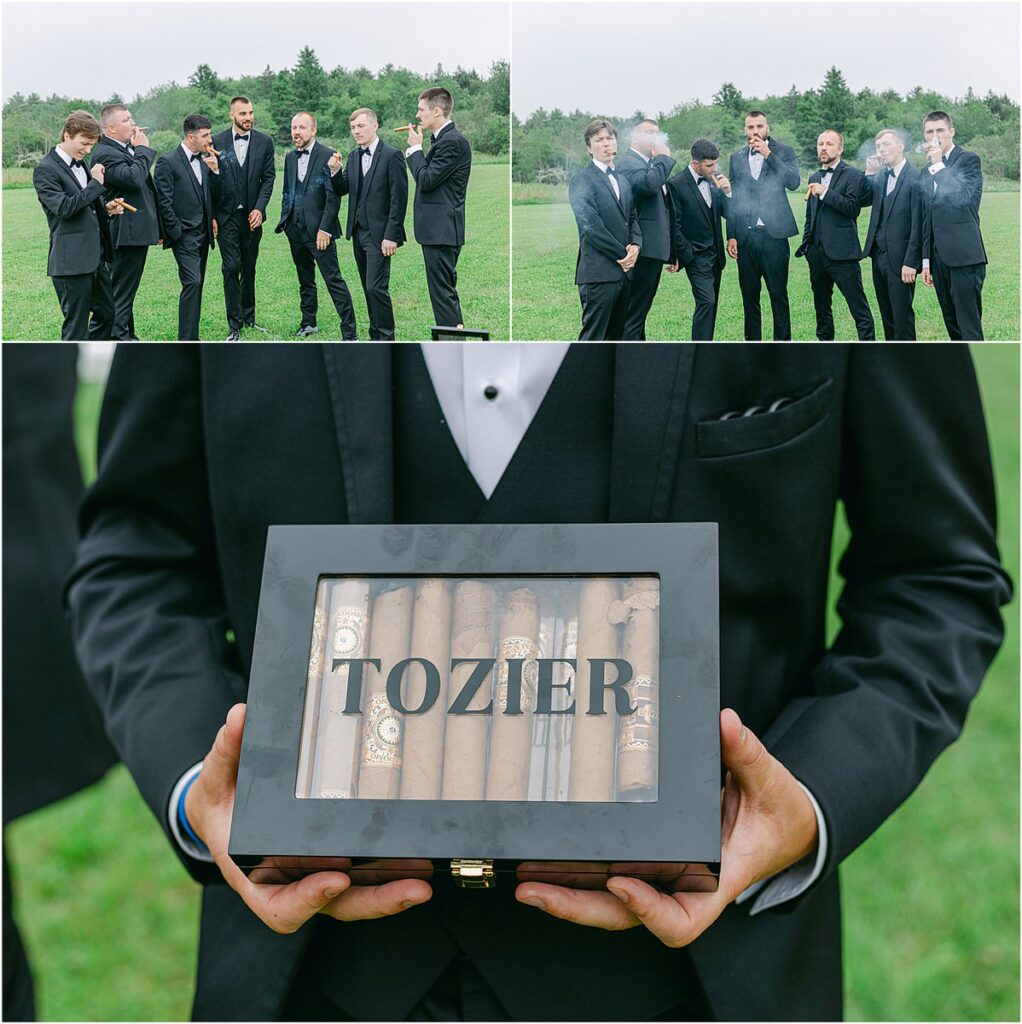 Family and friends share a cigar with groom for Summer Maine Wedding