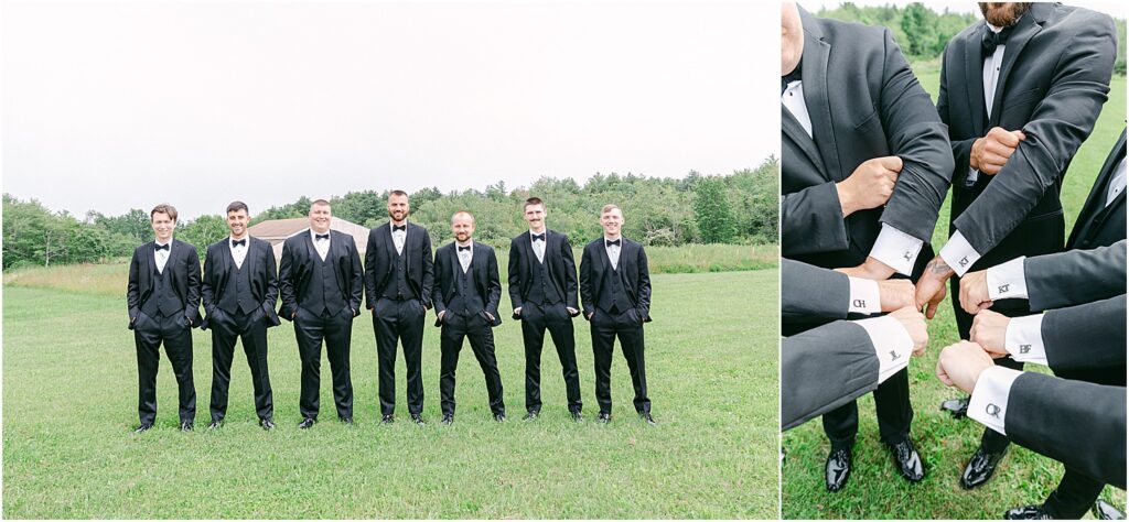 Family and friends stand with groom for Summer Maine Wedding