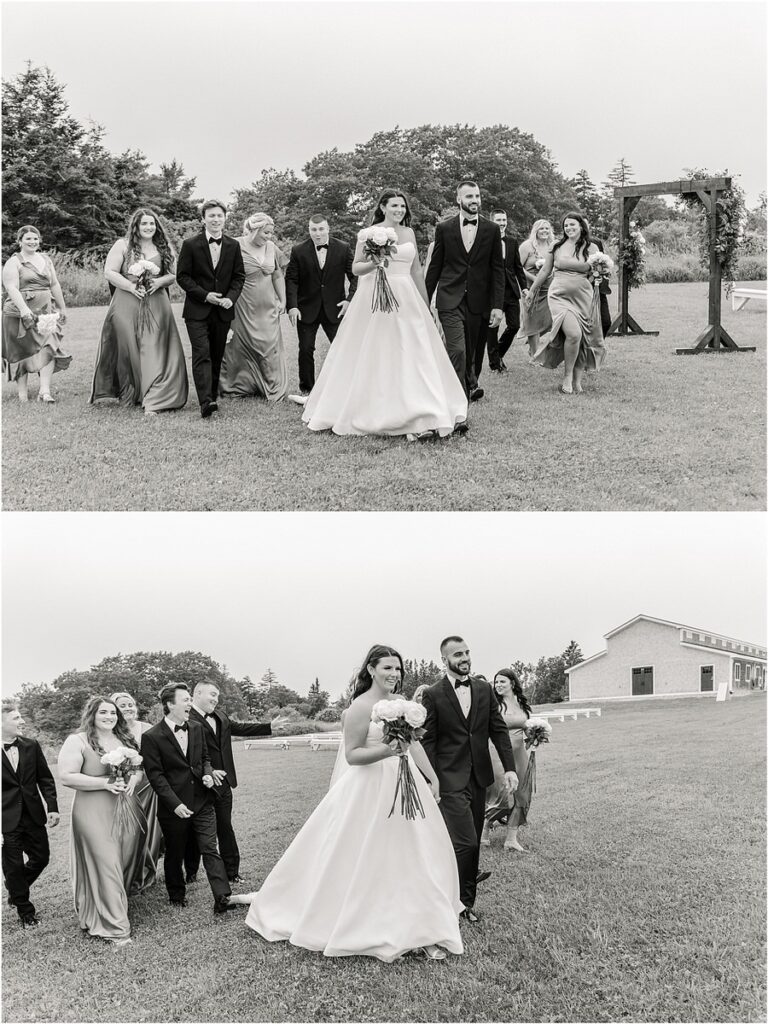 Husband and wife laugh and smile with wedding party for Summer Maine Wedding