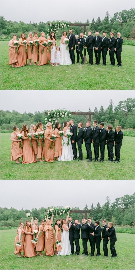 Wedding party cheer on bride and groom for Summer Maine Wedding