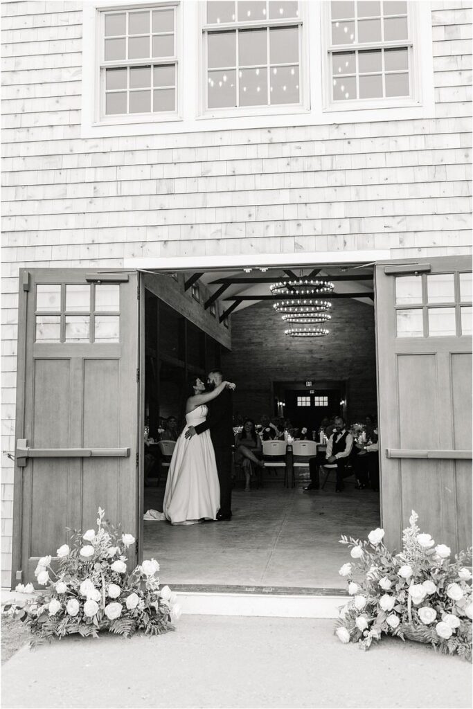Couple share a dance during their Maine Barn Wedding