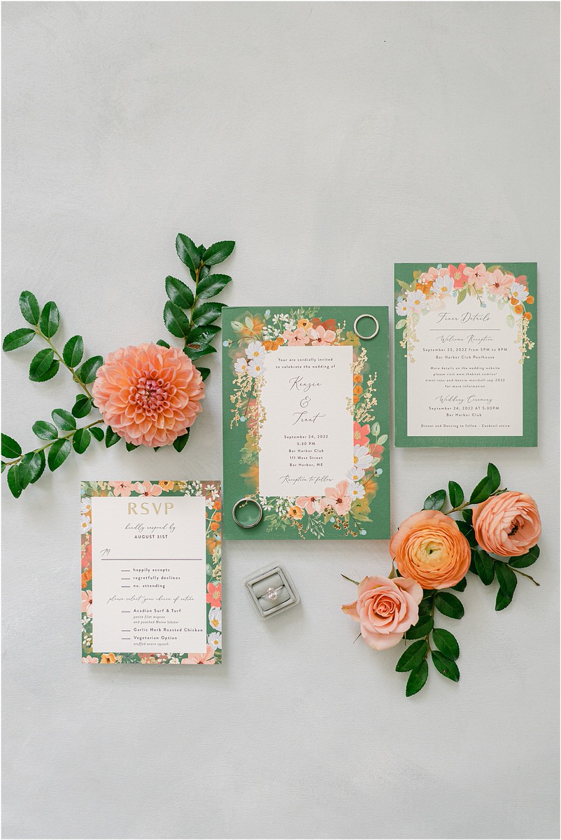 Stunning colorful wedding invitation suite for wedding at Bar Harbor Club