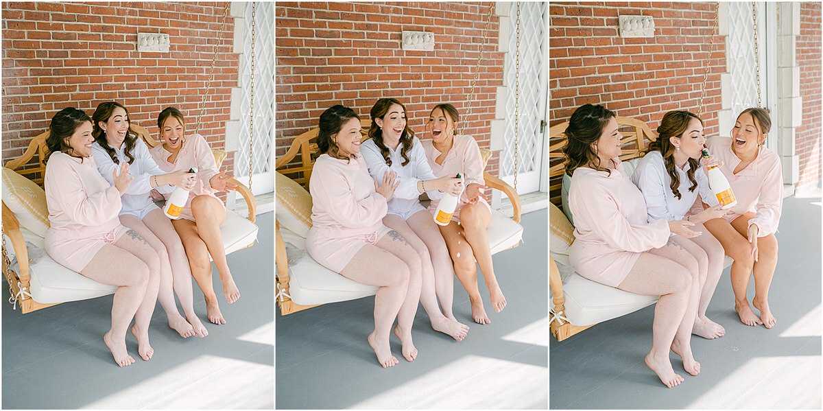 Bride laughs and smiles with friends and family for wedding at Bar Harbor Club