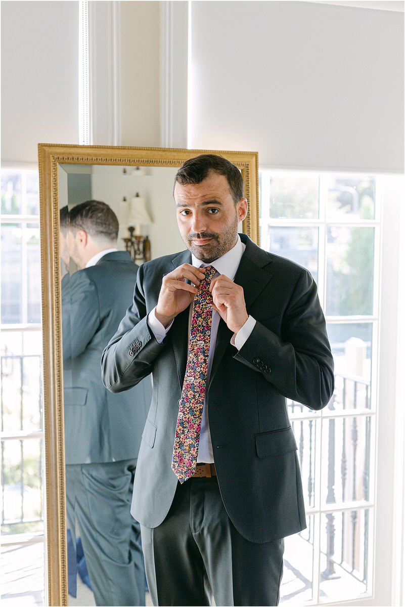 Groom gets ready for wedding at Bar Harbor Club
