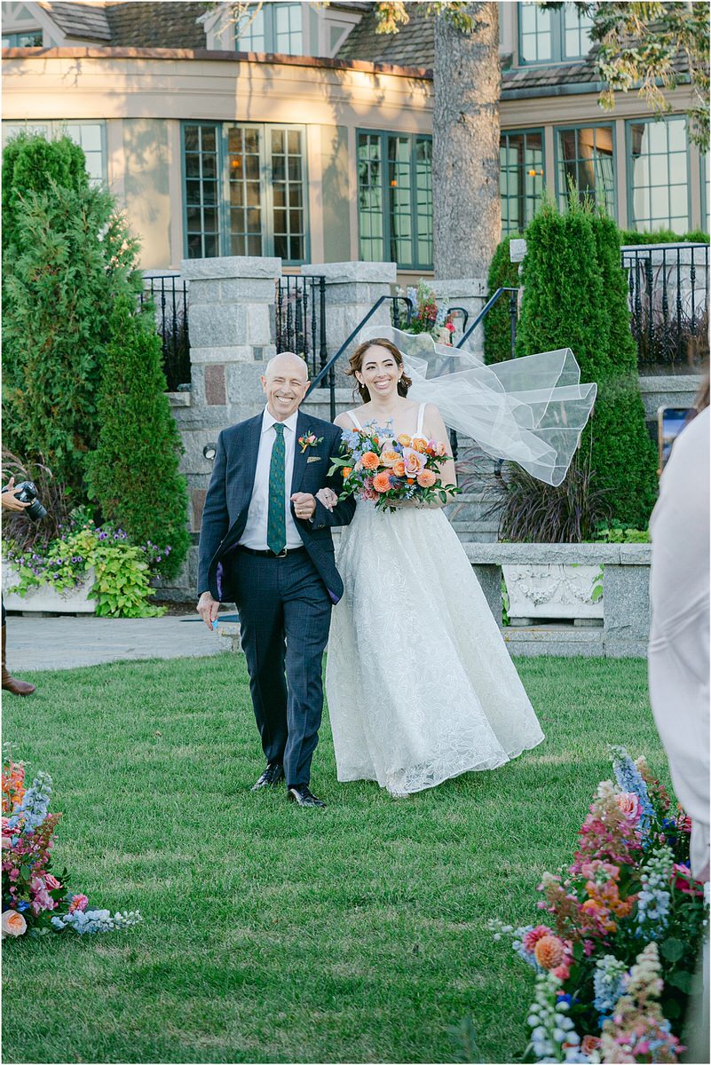 Father and daughter walk down the aisle for wedding at Bar Harbor Club