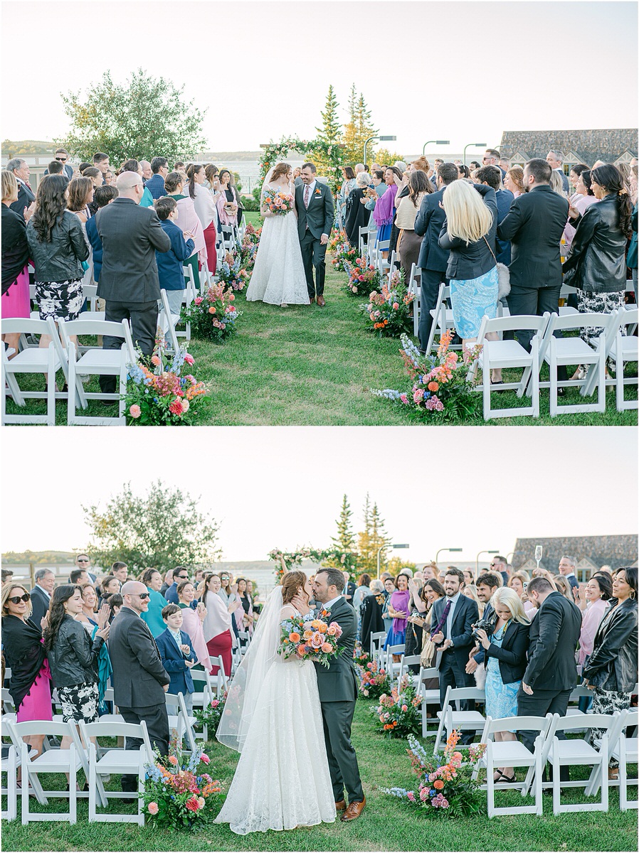 Happy couple walk down the aisle for Maine Fall Wedding