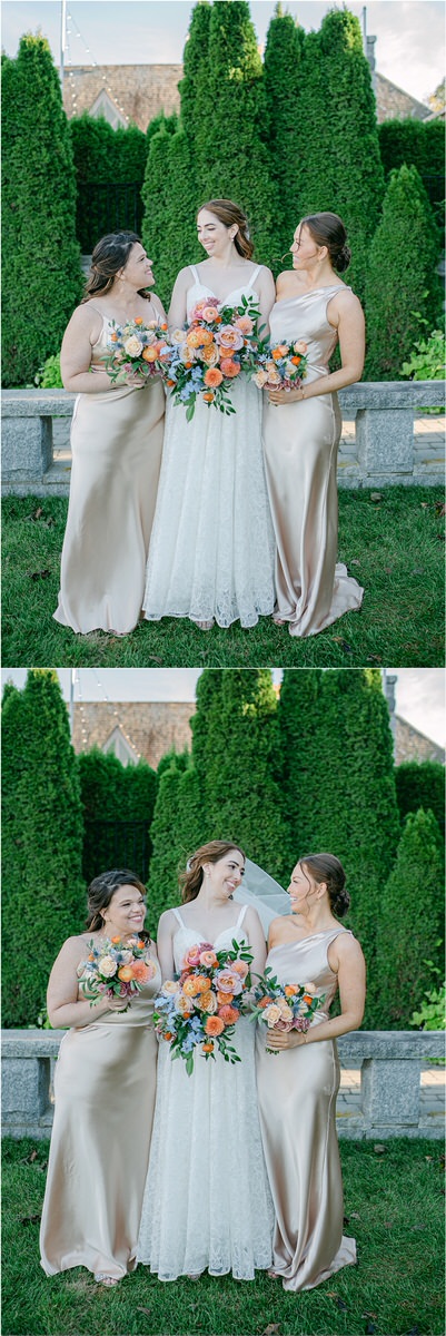Bride smiles with bridesmaids for Maine Fall Wedding