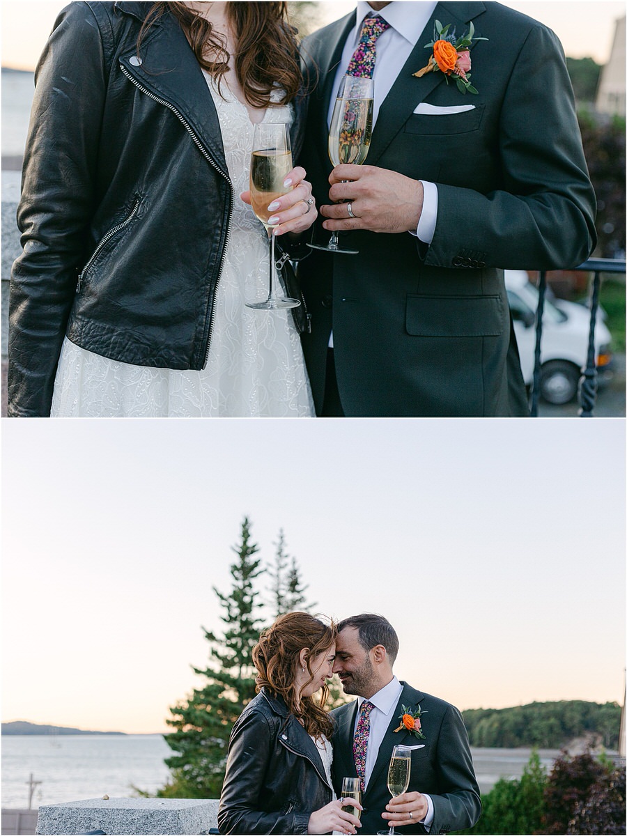 Bride and groom celebrate with champagne for Maine Fall Wedding