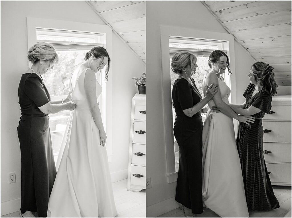 Bride is helped into her dress at Beech Ridge Barn