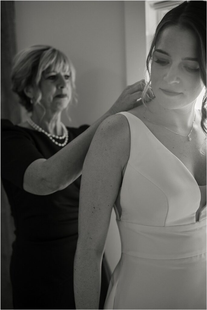 Bride wears wedding gown at Beech Ridge Barn