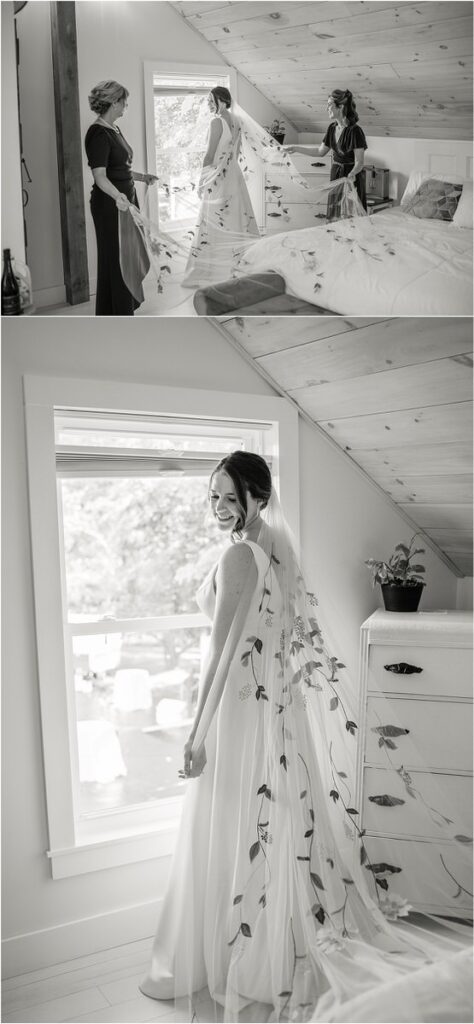 Stunning bride wears wedding veil with delicate details at Beech Ridge Barn