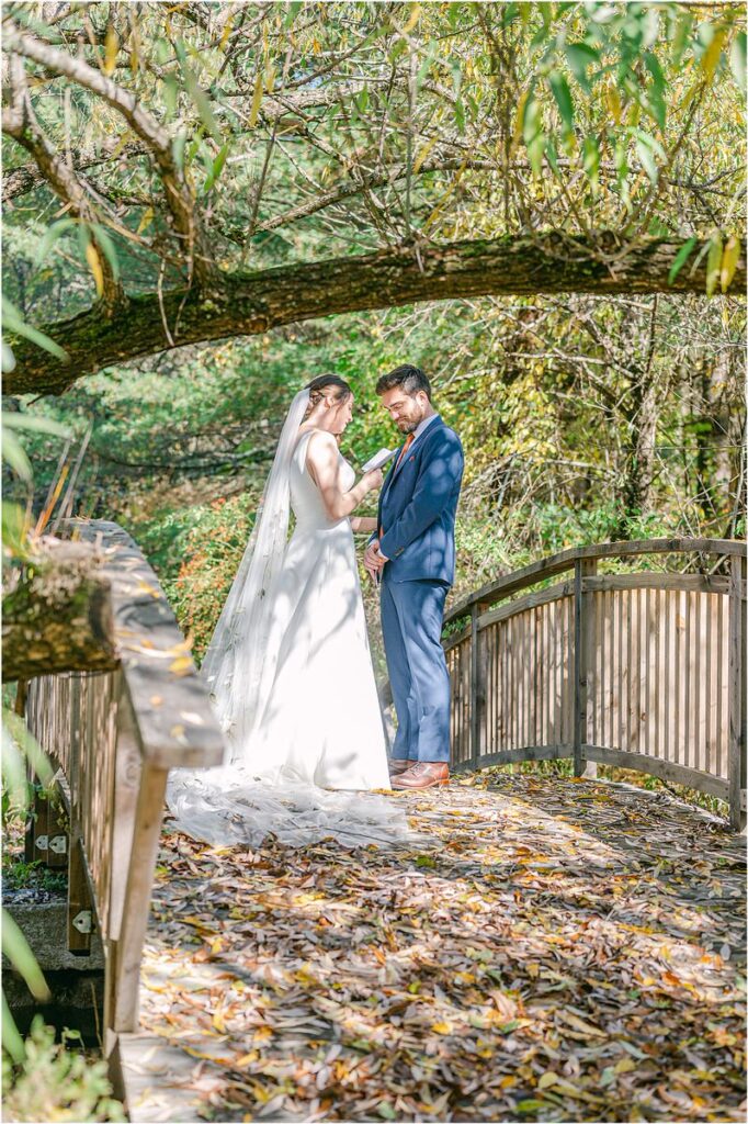 Bride and groom read vows together at Beech Ridge Barn