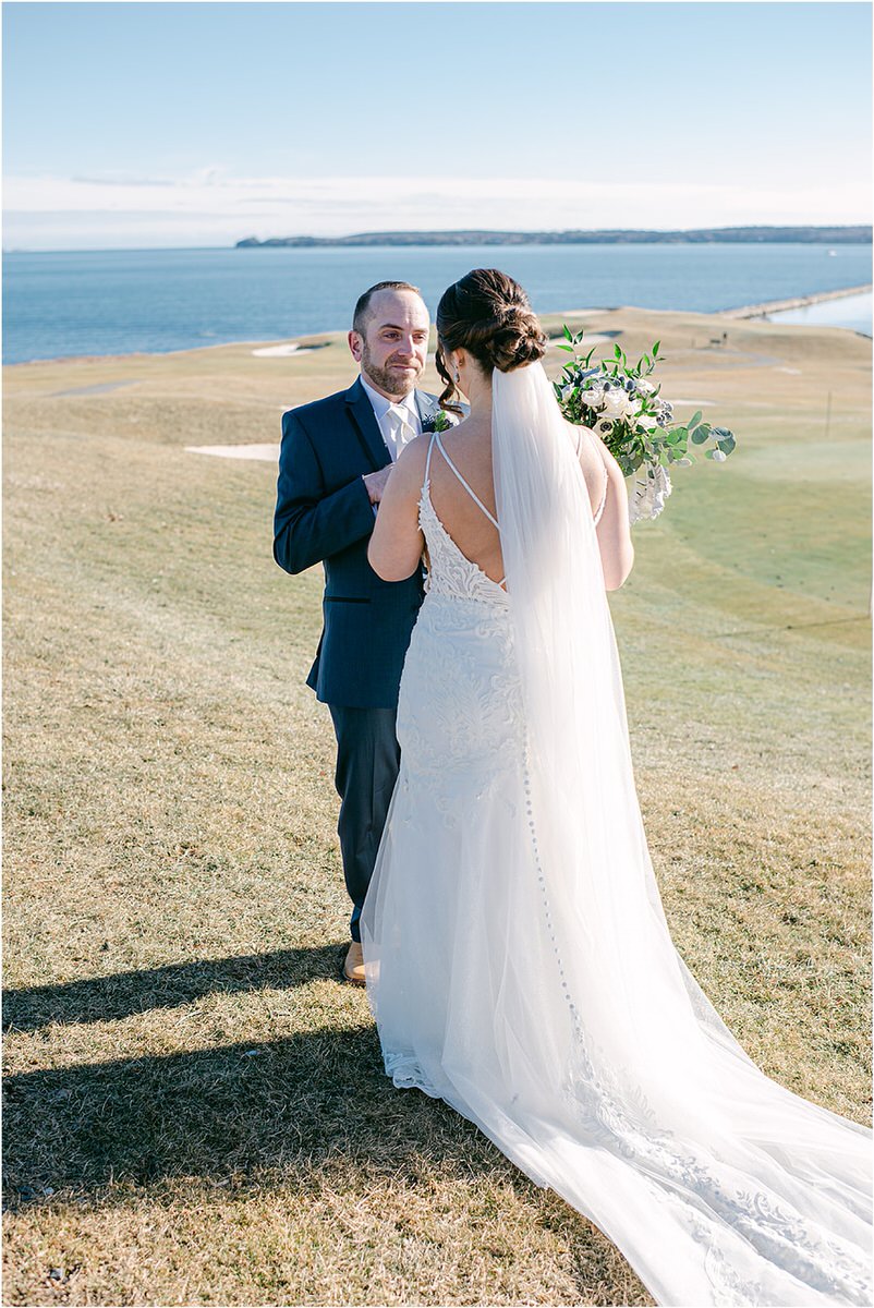 Bride and groom smile together for wedding at Samoset Resort