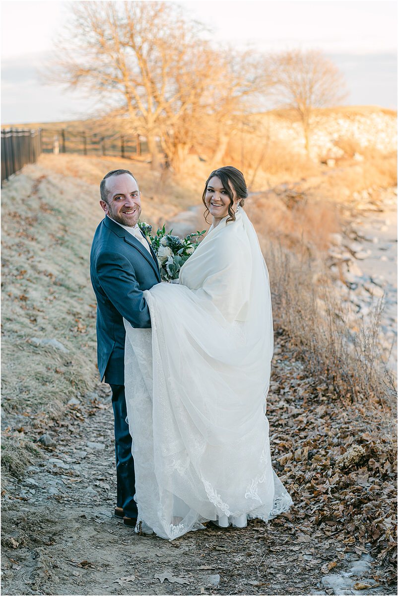 Bride and groom hold each other close for wedding at Samoset Resort