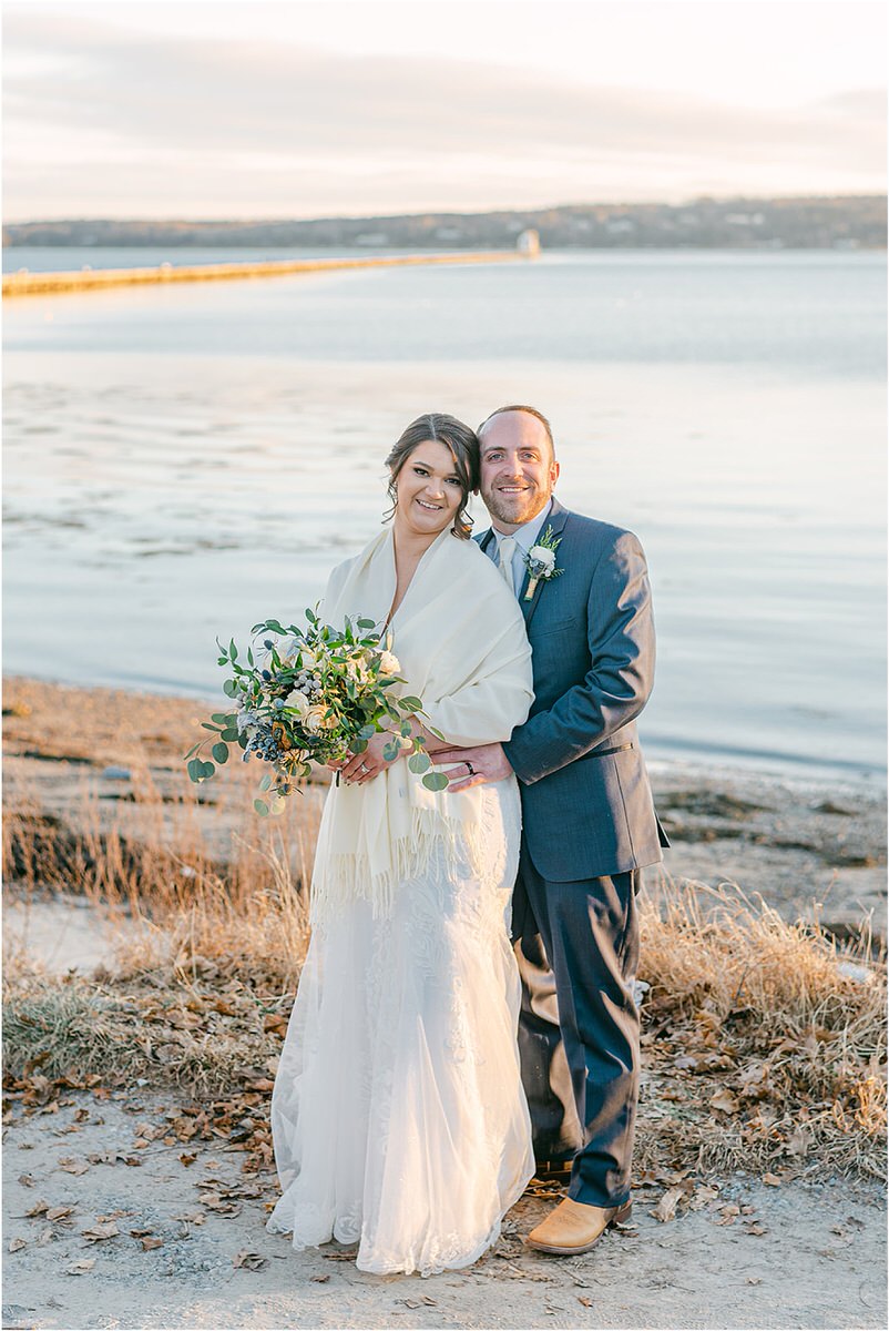Couple smile big for wedding at Samoset Resort