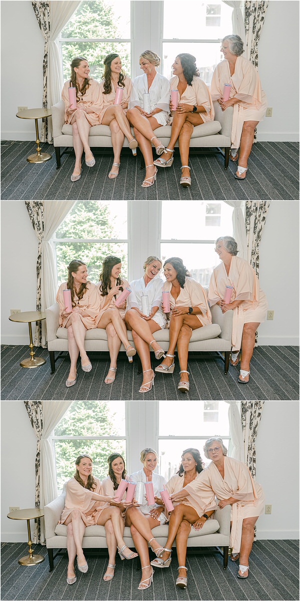 Bride sits with family and friends at Spruce Point Inn