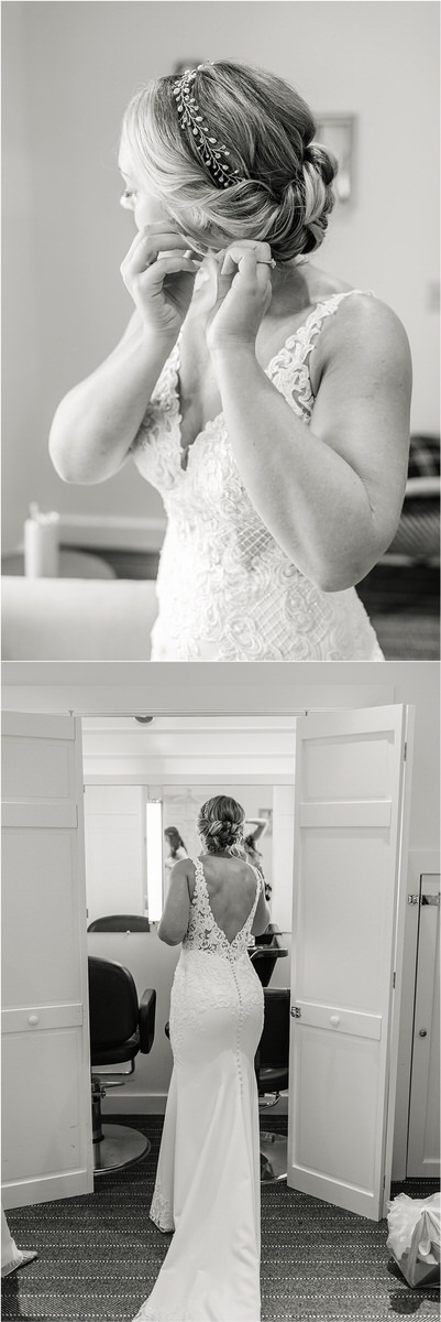 Bride puts on jewelery at Spruce Point Inn
