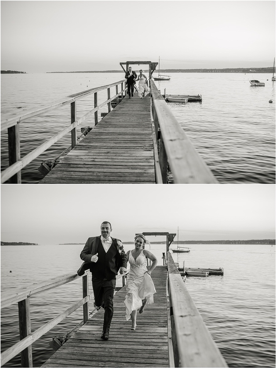 Couple run down the deck for Rachel Campbell Photography