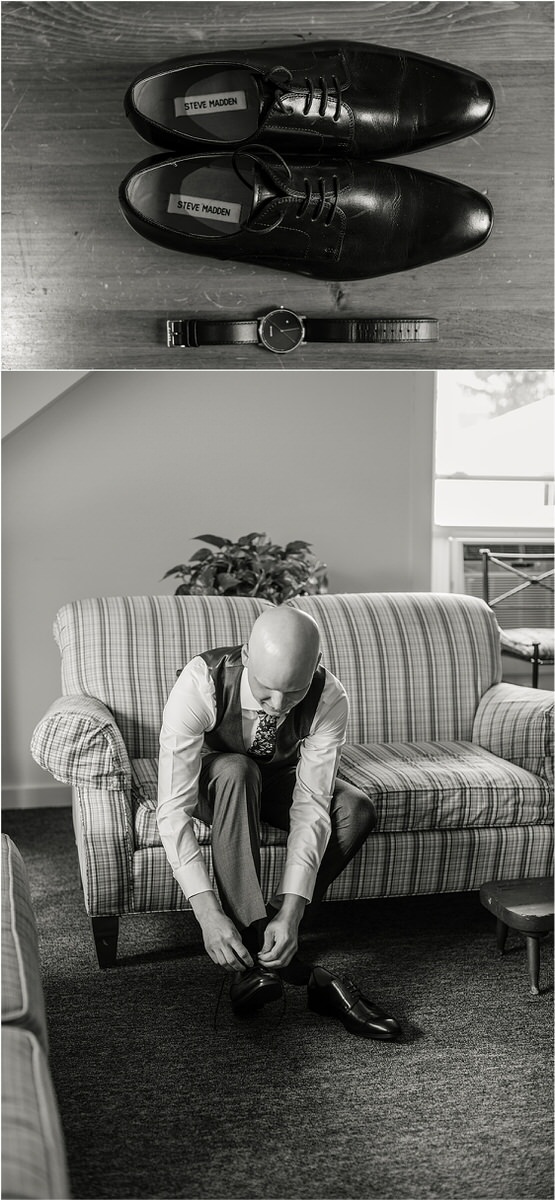 Groom puts on wedding shoes for wedding at The 1812 Farm