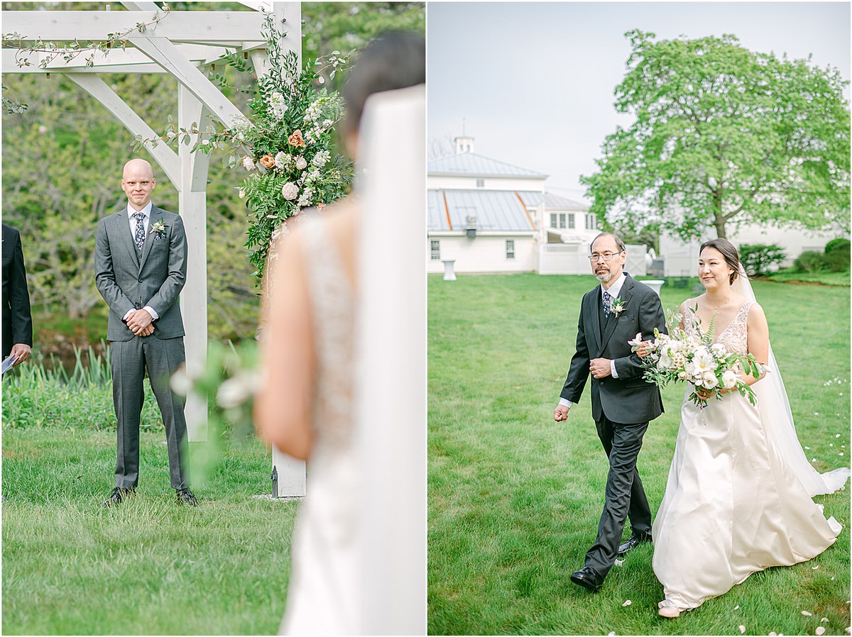 Father and bride walk down the aisle for wedding at The 1812 Farm