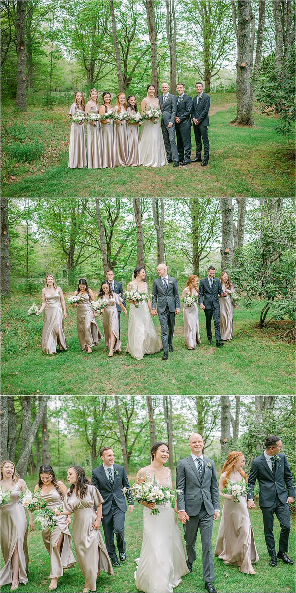 Bride and groom walk with wedding party for New England Wedding Photographer