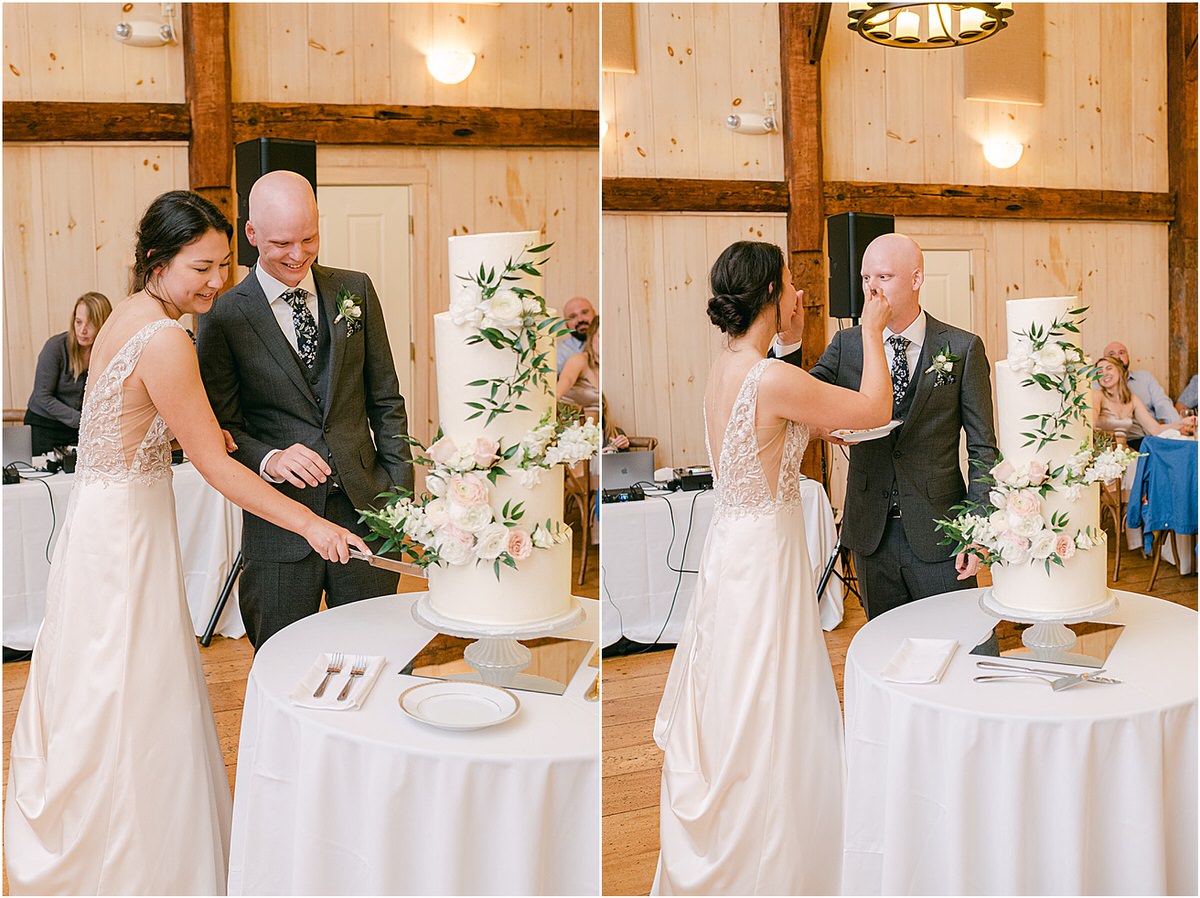 Couple share their wedding cake for New England Wedding Photographer
