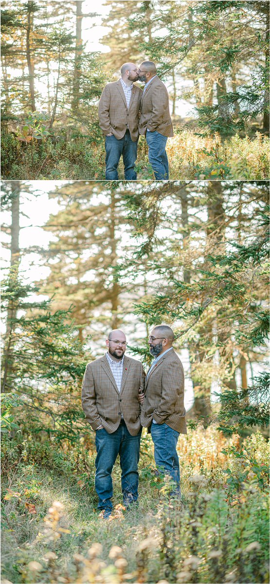 Two men stand together before their Maine fall elopement