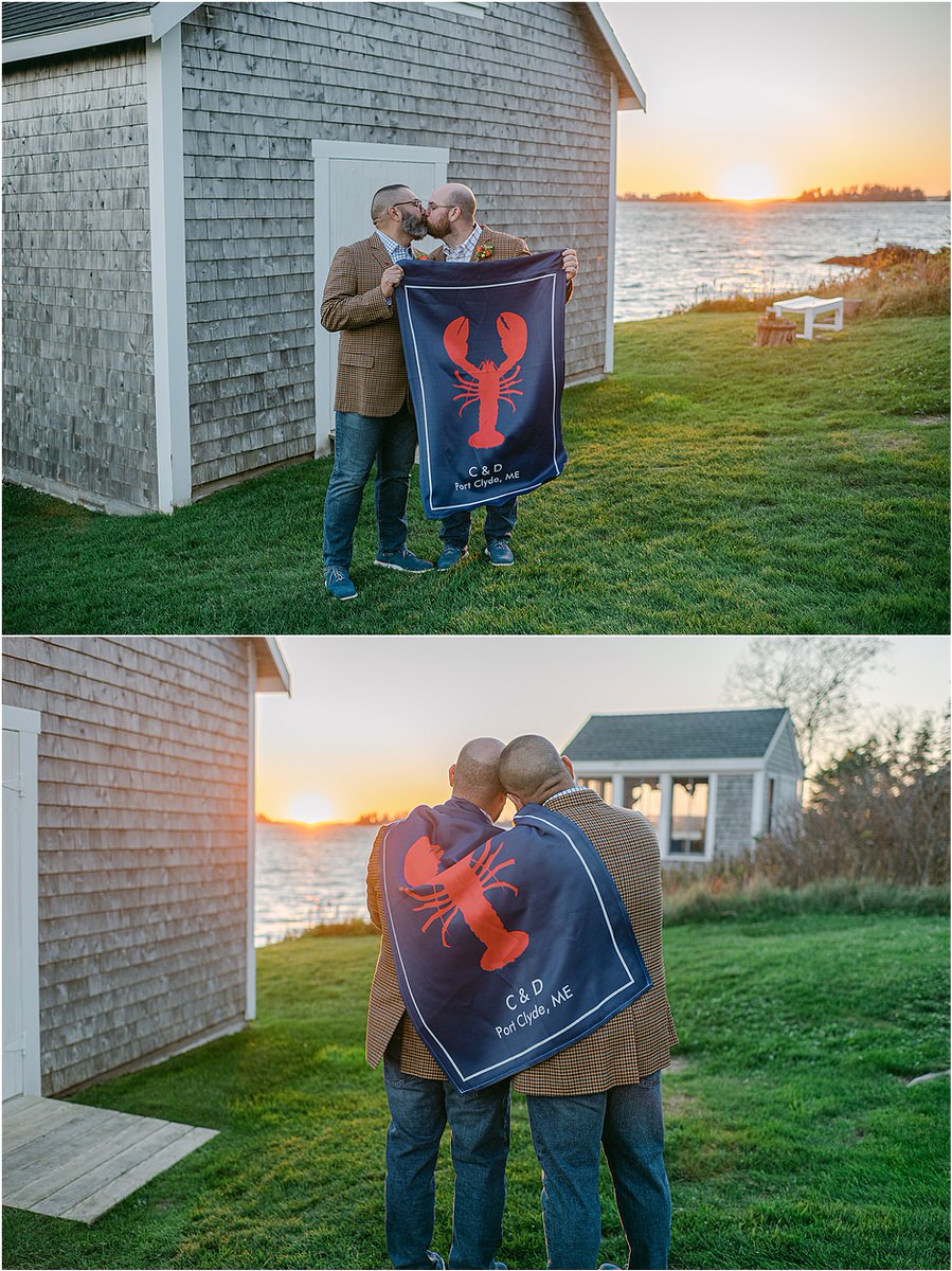Couple wrap themselves in a custom flag before their Maine fall elopement