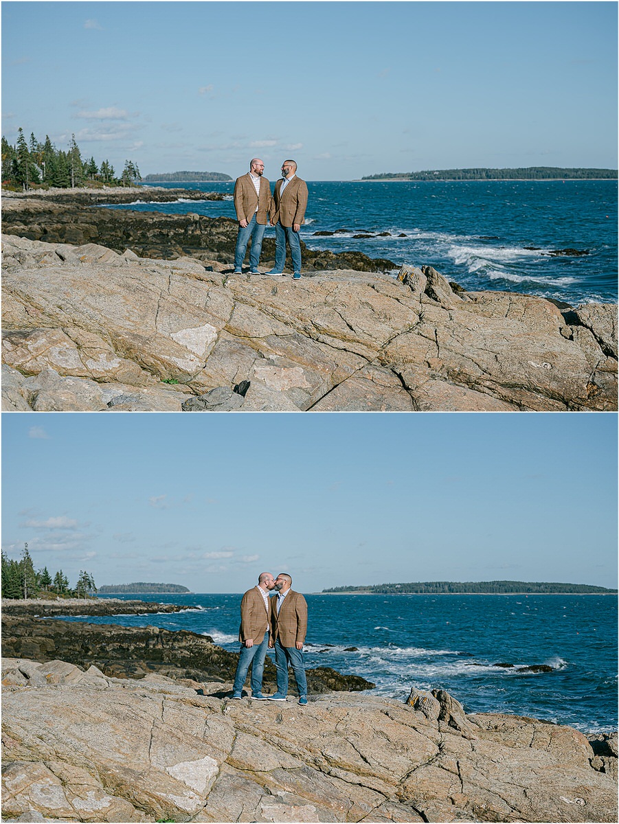 Two people stand together on waterfront before their Maine fall elopement
