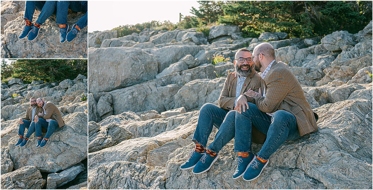Couple sits on rocks together before their Maine fall elopement