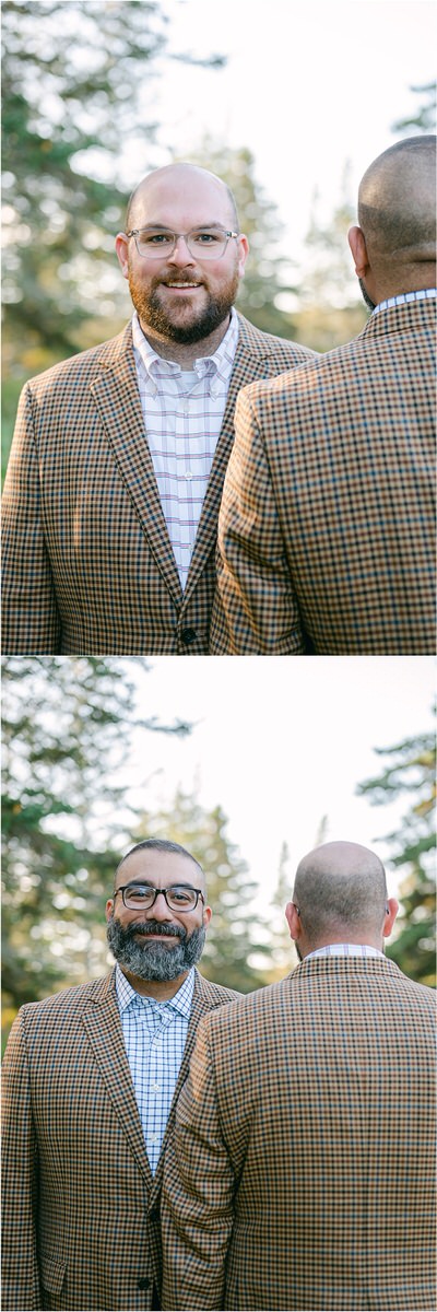 Handsome couple hold each other before their Maine fall elopement