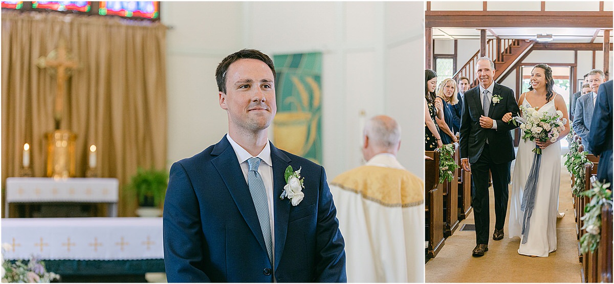 Groom sees bride walking down the aisle for wedding at Portland's Ocean Gateway