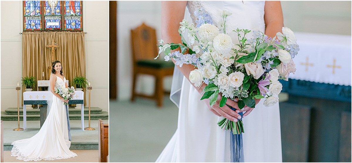 Stunning bridal gown and bridal bouquet for wedding at Portland's Ocean Gateway