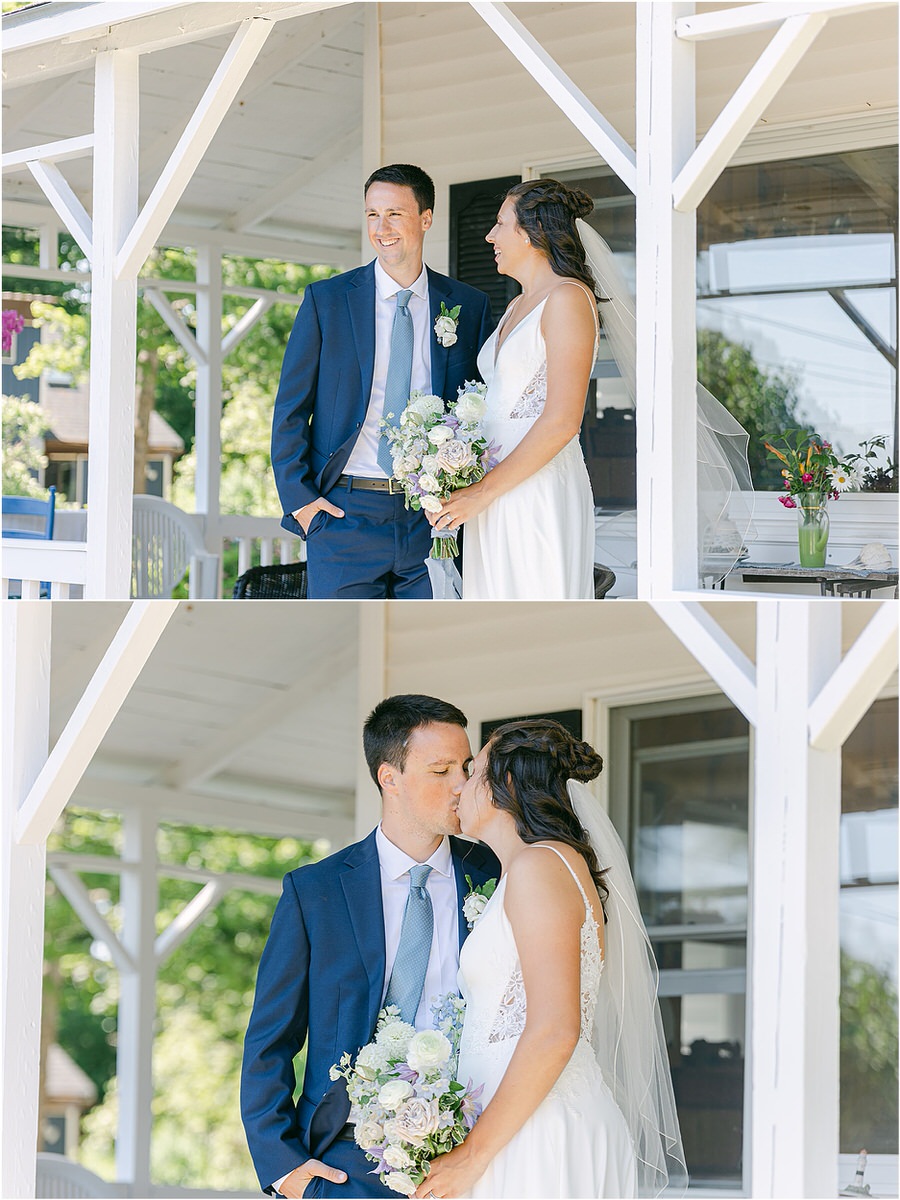 Bride and groom smile and share a kiss at Portland's Ocean Gateway