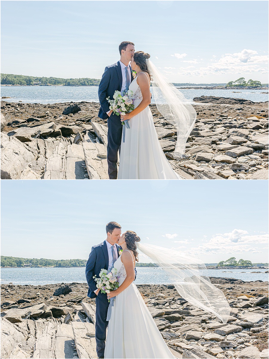 Husband and wife share a kiss on waterfront before celebration at Portland's Ocean Gateway