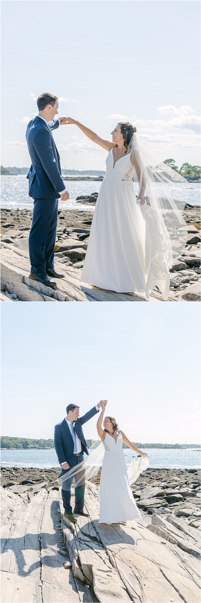 Man and woman dance together near waterfront for Rachel Campbell Photography